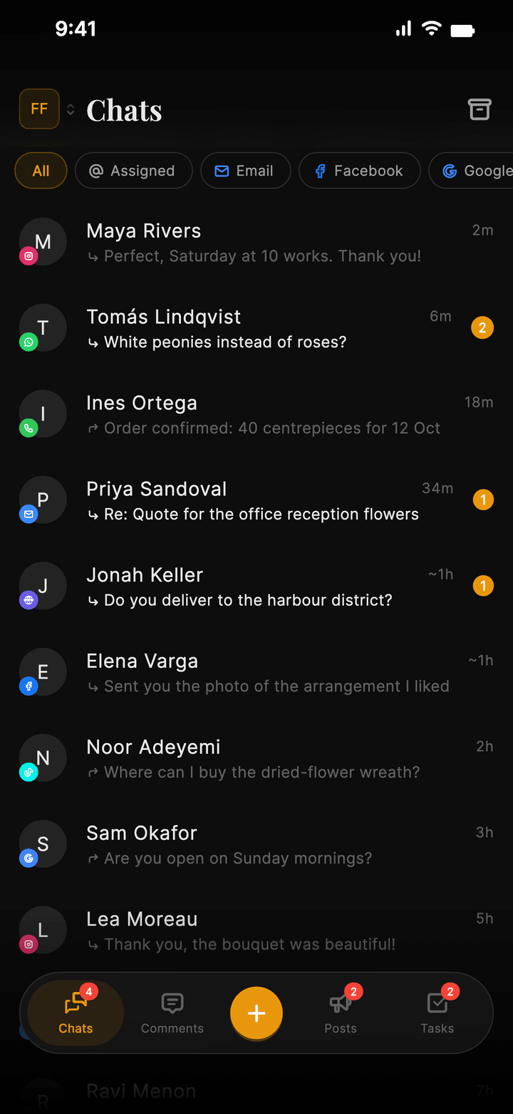 The Overblast app's Chats screen for a flower studio: conversations from Instagram, WhatsApp, a phone call, email and website chat in one list, with unread counts.
