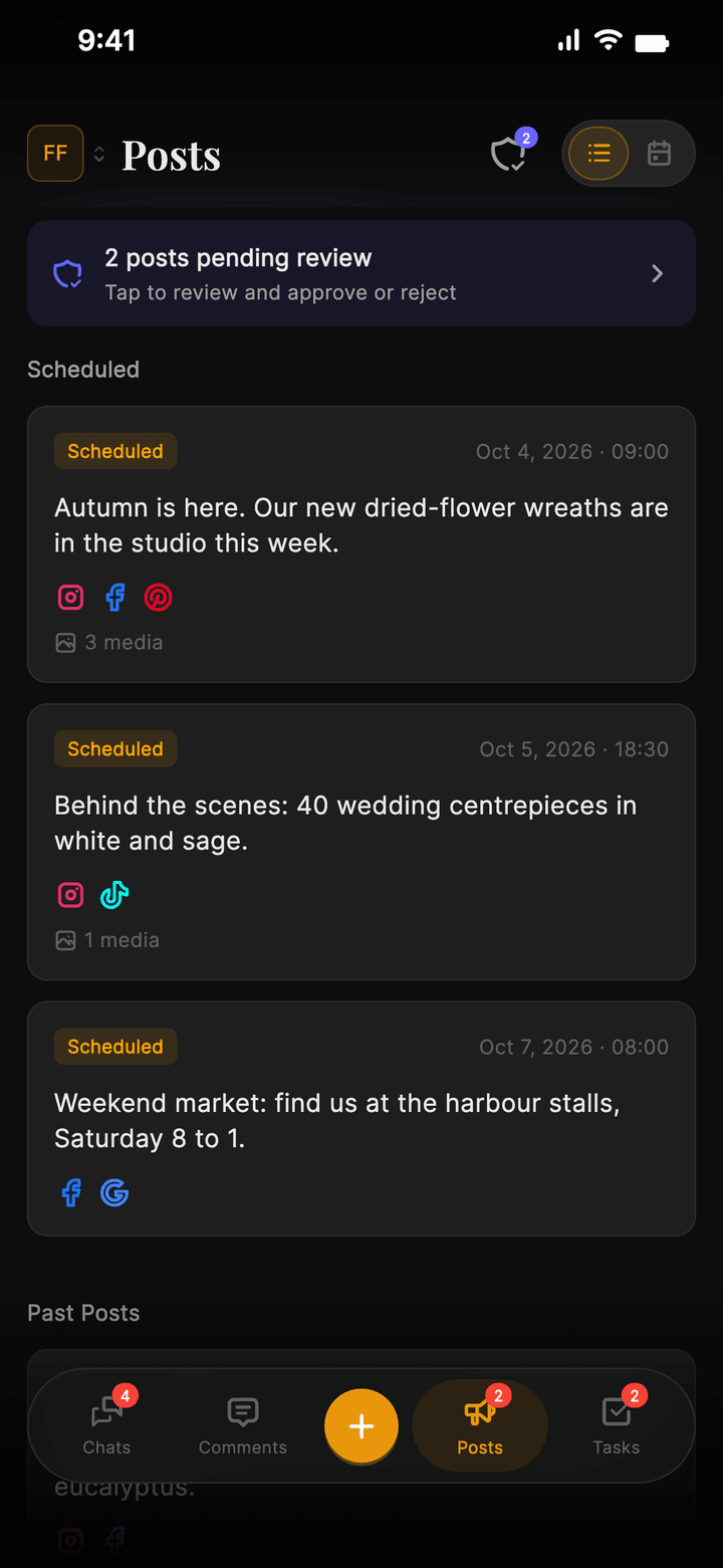 The Posts screen: two posts pending review, and three scheduled posts for Instagram, Facebook, Pinterest, TikTok and Google Business.